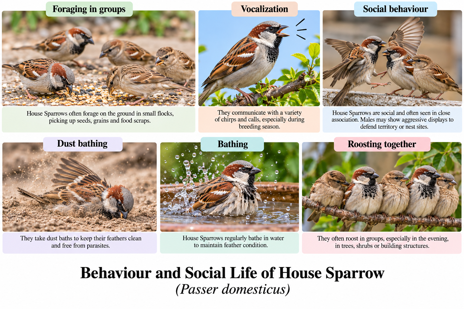 Passer domesticus (House Sparrow): Classification & Facts | Zoologyverse Passer domesticus classification – infographic showing group foraging, vocalization, social behaviour, bathing, dust bathing and communal roosting