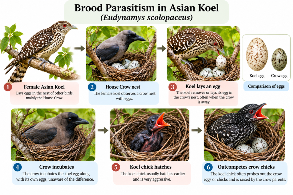 Asian Koel (Eudynamys scolopaceus): Classification & Facts | Zoologyverse Eudynamys scolopaceus classification – brood parasitism infographic showing a female Asian Koel laying an egg in a House Crow nest and the host incubating the egg