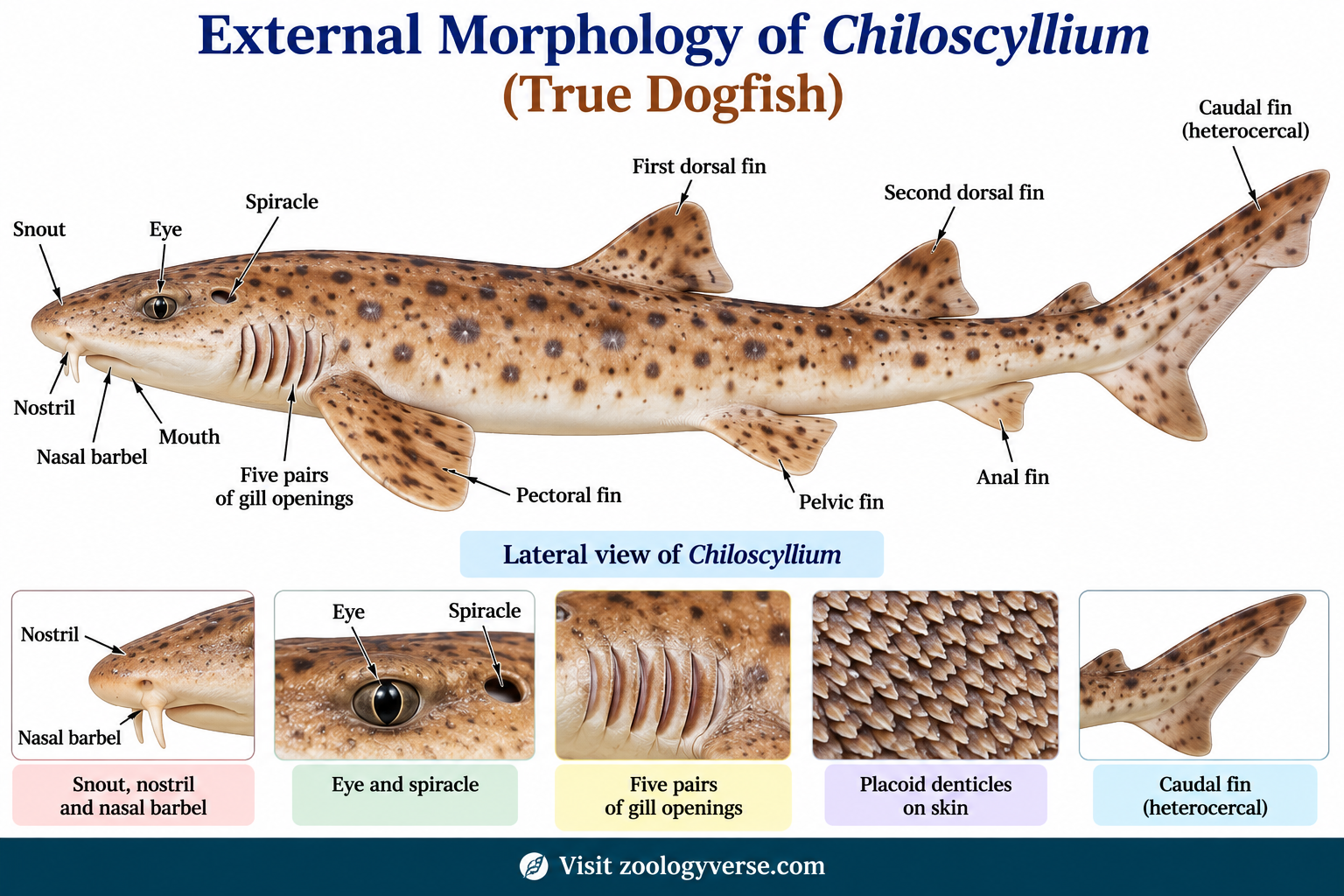 Chiloscyllium (True Dogfish): Classification and Characteristics | Zoologyverse Chiloscyllium external morphology of True dogfish showing Classification of Chiloscyllium, Characteristics of Chiloscyllium, and Chiloscyllium indicum