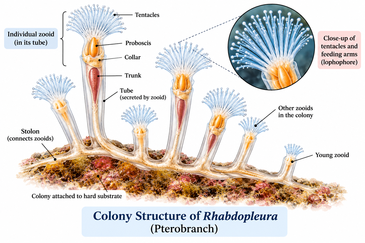 Rhabdopleura classification – colony organization showing zooids, secreted tubes, stolon system, tentacles and attachment to a hard marine substrate