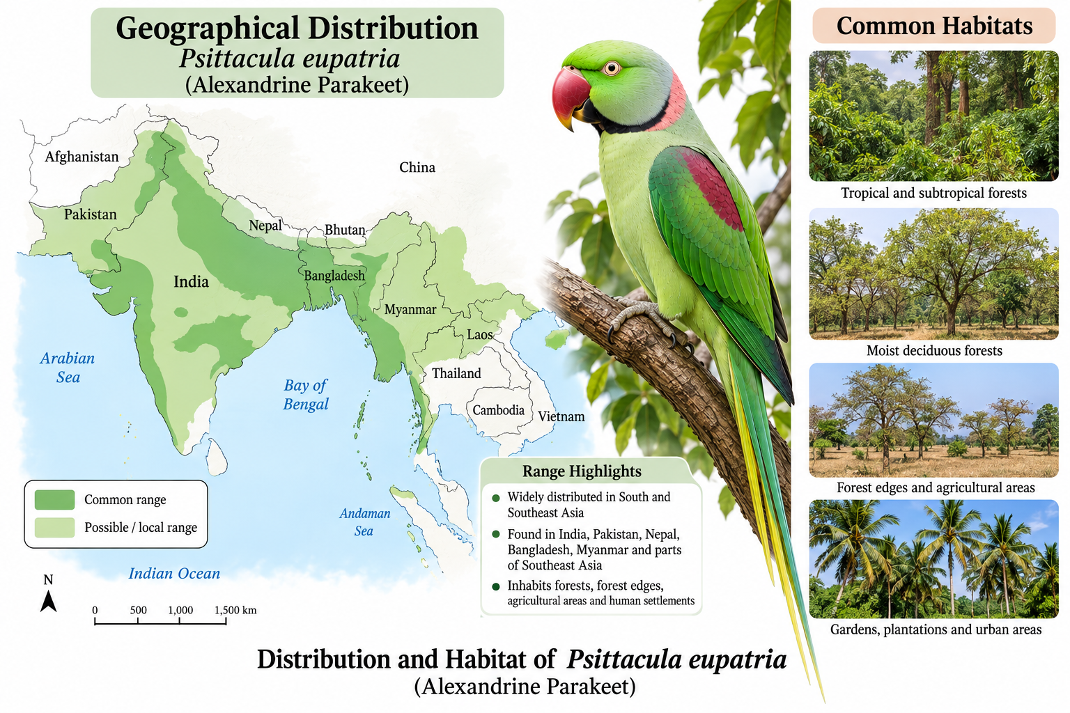 Psittacula eupatria classification – geographical distribution and habitat map showing the Alexandrine Parakeet range across South and Southeast Asia, forests, agricultural areas and urban habitats