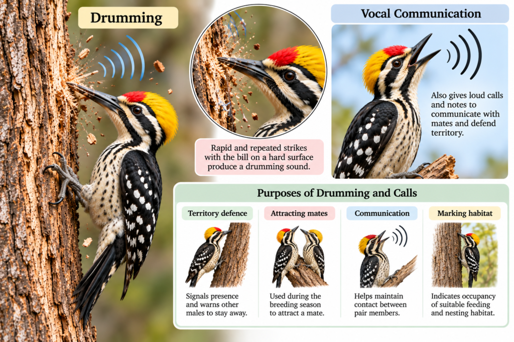 Yellow-crowned Woodpecker (Leiopicus mahrattensis): Classification & Facts | Zoologyverse Leiopicus mahrattensis classification – infographic showing drumming and vocal communication used for territorial and social signalling