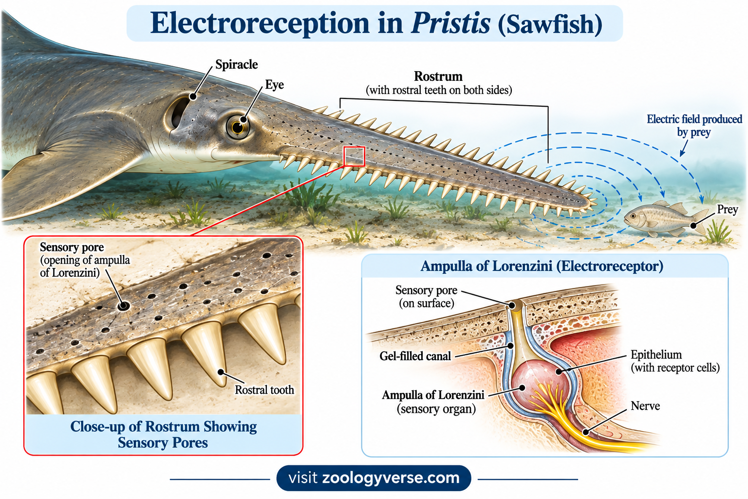 Pristis (Sawfish): Classification, Features, Habitat and Adaptations | Zoologyverse Electroreception in Pristis showing ampullae of Lorenzini and prey detection