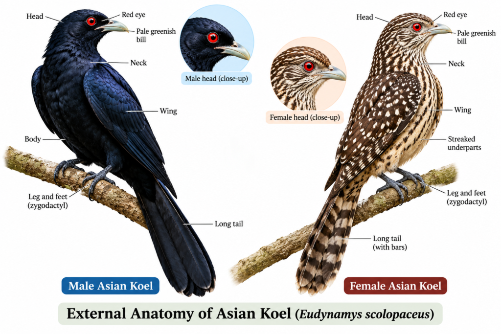 Asian Koel (Eudynamys scolopaceus): Classification & Facts | Zoologyverse Eudynamys scolopaceus classification – labeled external anatomy of male and female Asian Koel showing red eyes, pale greenish bill, wings, long tail and zygodactyl feet