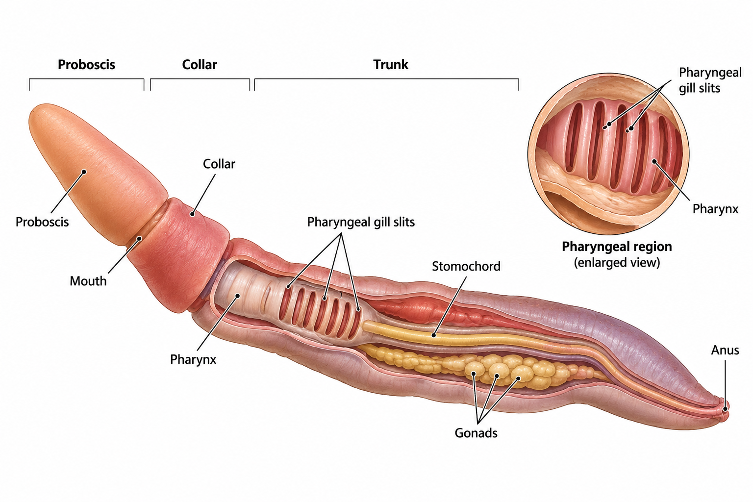 Balanoglossus classification – labeled external and internal anatomy showing proboscis, collar, trunk, mouth, pharynx, gill slits, stomochord, gonads and anus
