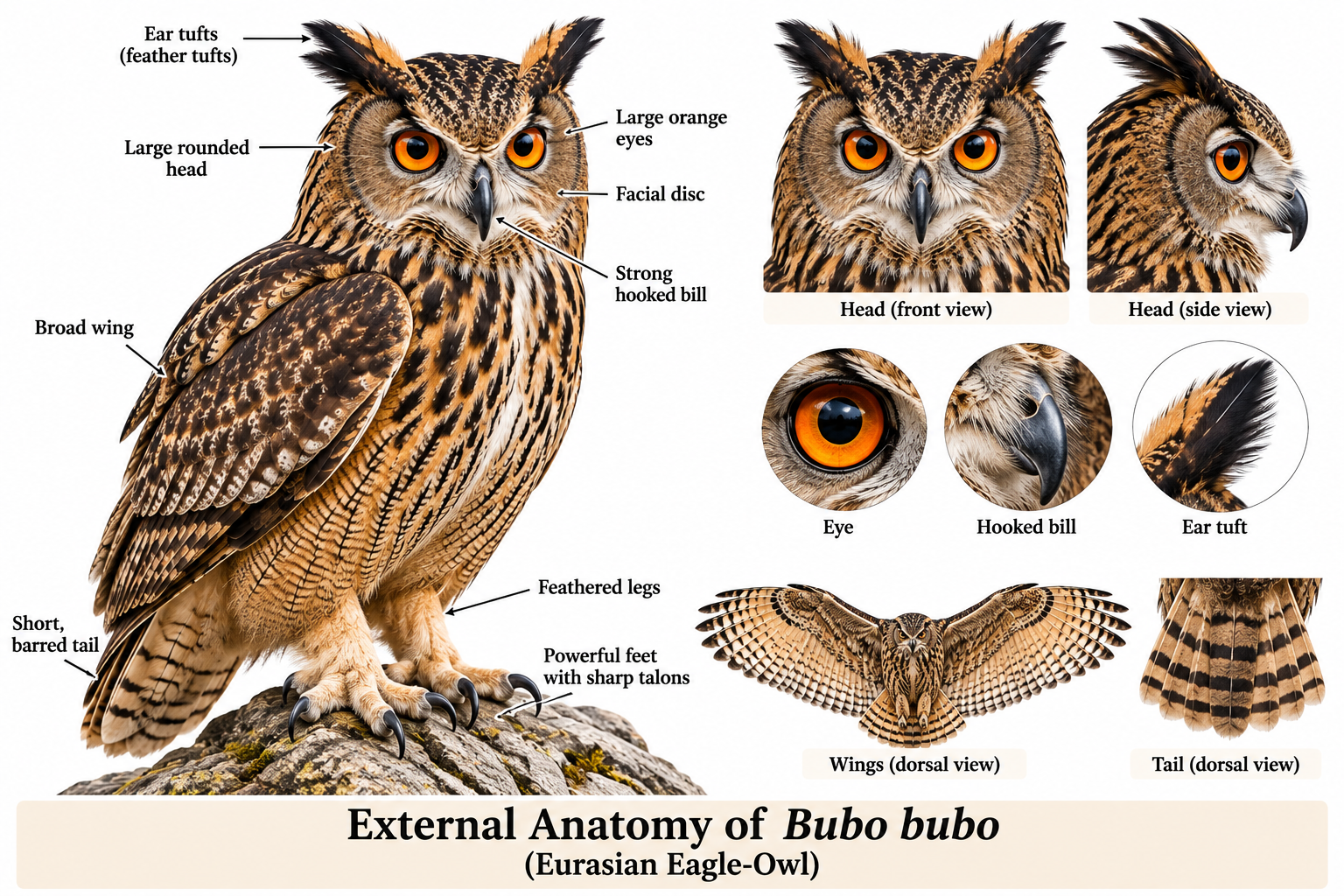 BUBO BUBO (EURASIAN EAGLE-OWL) | Zoologyverse Bubo bubo classification – labeled external anatomy showing ear tufts, orange eyes, facial disc, hooked bill, broad wings, barred tail, feathered legs and sharp talons