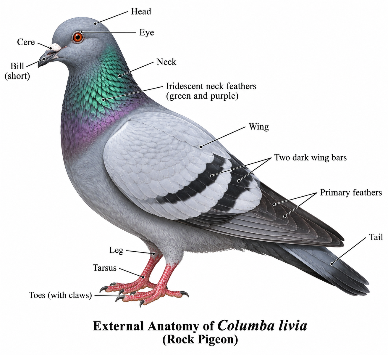 Columba livia (Pigeon): Classification & Practical Notes | Zoologyverse Columba livia classification – labeled external anatomy of Rock Pigeon showing bill, cere, eye, wing bars, primary feathers, tail, legs and toes