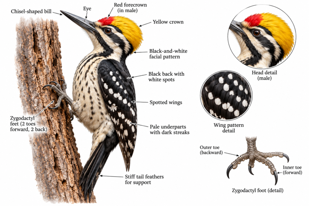 Yellow-crowned Woodpecker (Leiopicus mahrattensis): Classification & Facts | Zoologyverse Leiopicus mahrattensis classification – labeled external anatomy showing chisel-shaped bill, yellow crown, red forecrown, spotted wings, stiff tail and zygodactyl feet