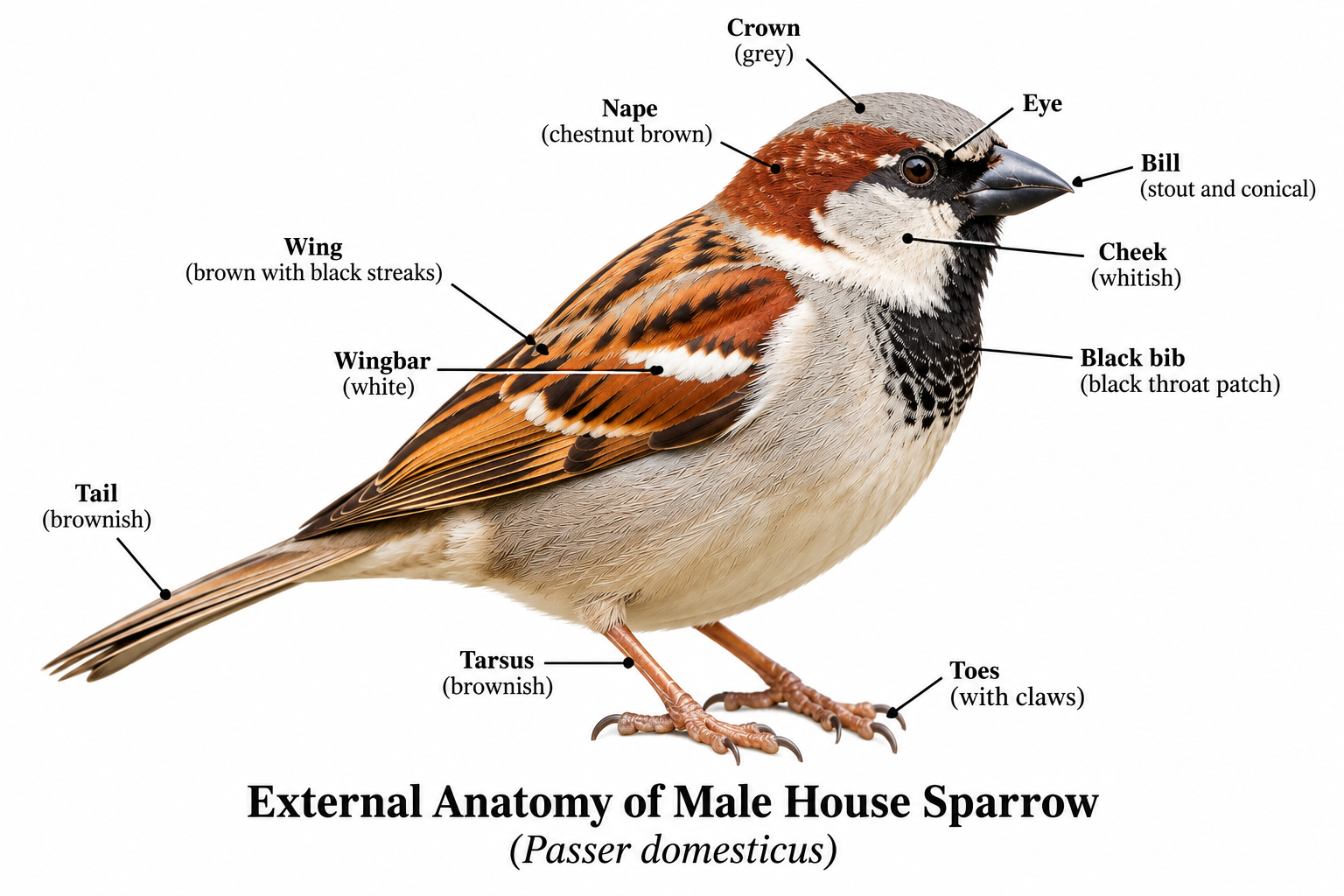 Passer domesticus (House Sparrow): Classification & Facts | Zoologyverse Passer domesticus classification – labeled external anatomy of male House Sparrow showing grey crown, chestnut nape, stout bill, black bib, wingbar, tail, tarsus and toes