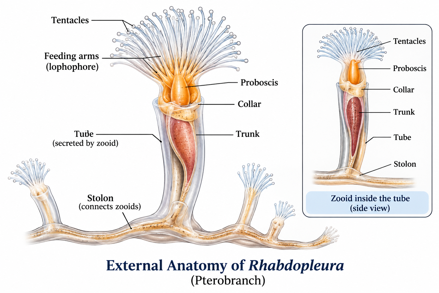 Rhabdopleura classification – labeled external anatomy showing proboscis, collar, trunk, tentacles, feeding arms, tube and stolon