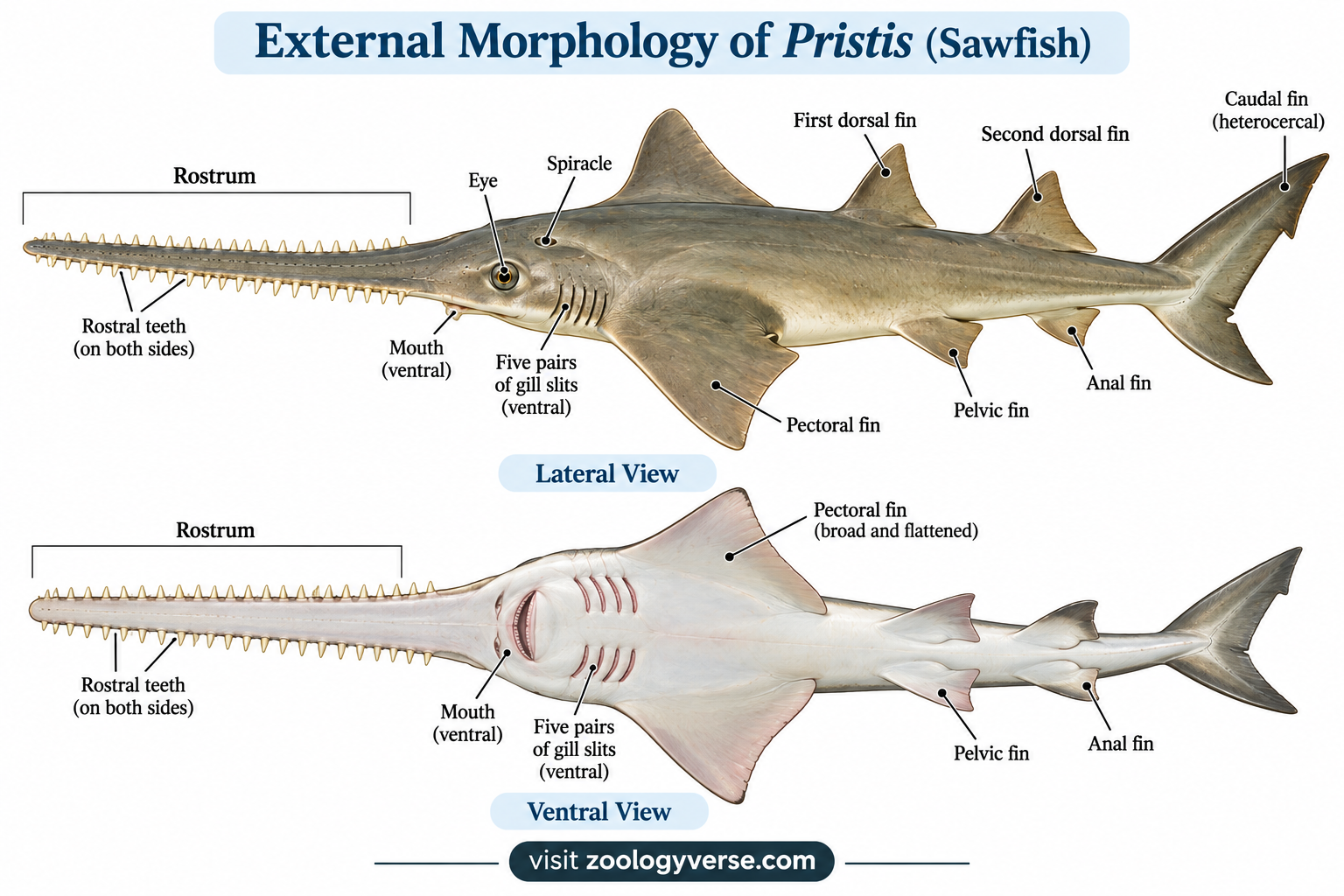 Pristis (Sawfish): Classification, Features, Habitat and Adaptations | Zoologyverse External morphology of Pristis (sawfish) showing rostrum, rostral teeth, fins, eyes and gill slits