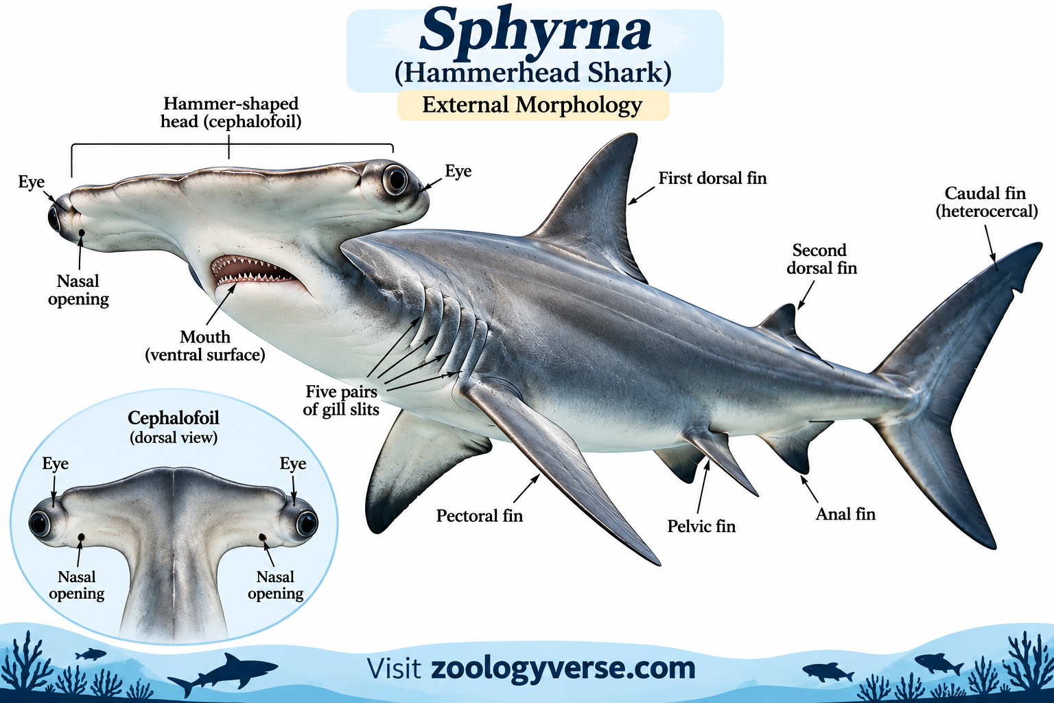 External morphology of Sphyrna (Hammerhead Shark) showing the characteristic of spyrna cephalofoil and major external structures.