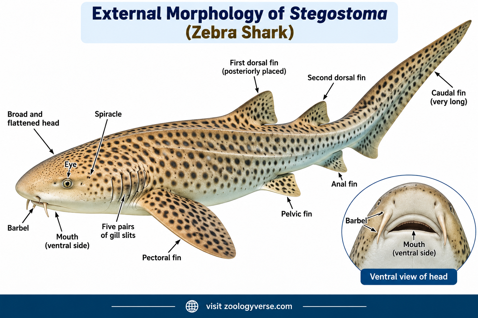 External morphology of Stegostoma Zebra Shark showing broad flattened head, spiracle, barbels, five pairs of gill slits, fins, and long caudal fin