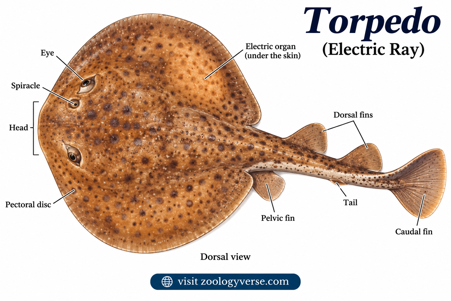 External morphology of Torpedo electric ray showing pectoral disc, head, eyes, spiracles, electric organs, pelvic fin, dorsal fins, tail, and caudal fin