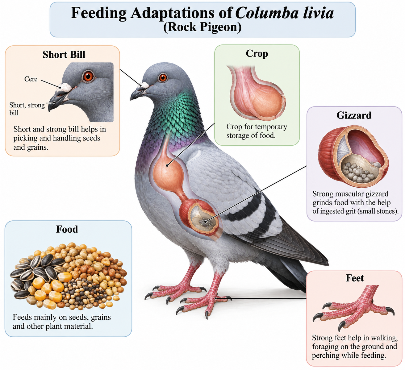 Columba livia (Pigeon): Classification & Practical Notes | Zoologyverse Columba livia classification – feeding adaptations showing the short bill, crop, muscular gizzard, seeds and grains, and strong feet