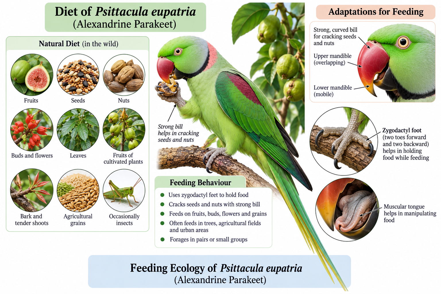 Psittacula eupatria classification – feeding adaptations showing the strong curved bill, zygodactyl feet, muscular tongue and diet of fruits, seeds, nuts, buds and grains