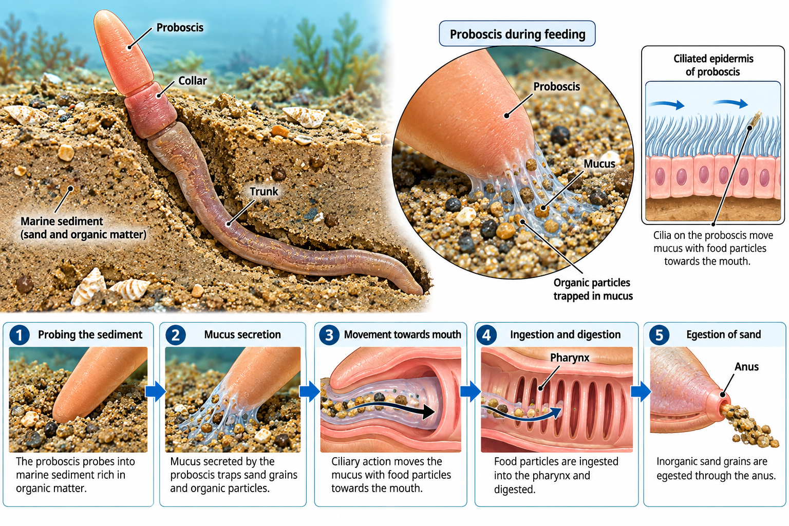 Balanoglossus classification – feeding and burrowing adaptations showing the proboscis, mucus, cilia, organic particles, pharynx and sediment feeding
