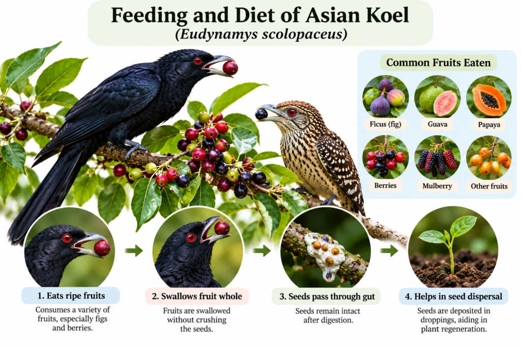 Asian Koel (Eudynamys scolopaceus): Classification & Facts | Zoologyverse Eudynamys scolopaceus classification – Asian Koel feeding on fruits including figs, guava, papaya and berries, with seed dispersal shown
