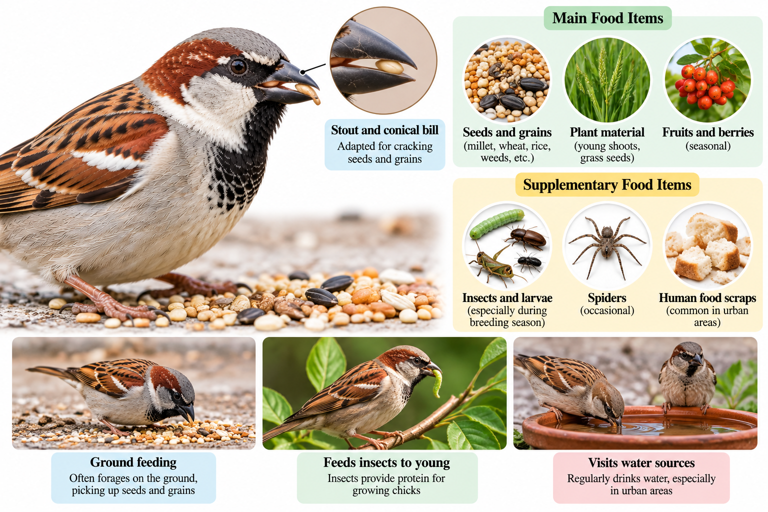 Passer domesticus (House Sparrow): Classification & Facts | Zoologyverse Passer domesticus classification – feeding adaptations showing the stout conical bill, seeds, grains, insects, fruits and ground-foraging behaviour
