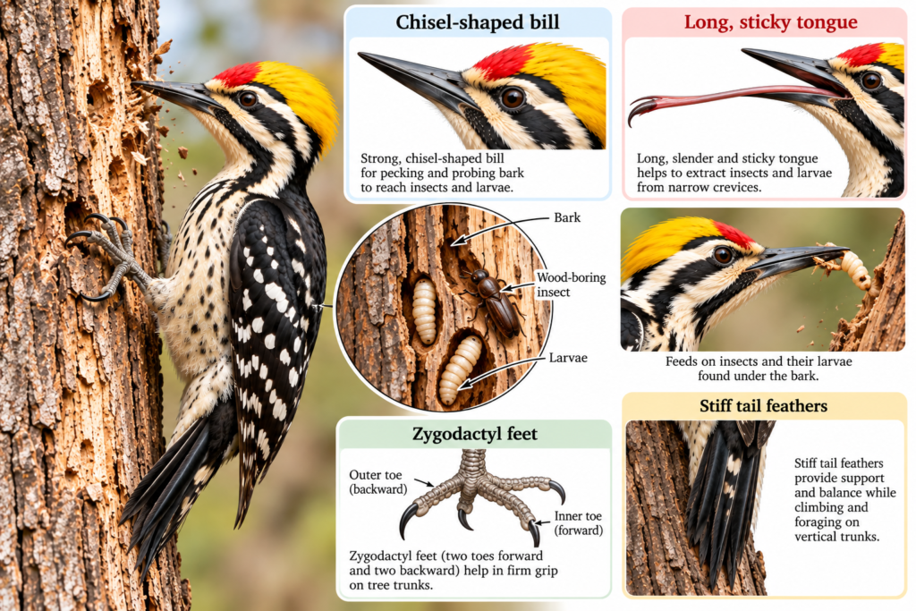 Yellow-crowned Woodpecker (Leiopicus mahrattensis): Classification & Facts | Zoologyverse Leiopicus mahrattensis classification – feeding adaptations showing the chisel-shaped bill, long tongue, zygodactyl feet, stiff tail and bark-foraging for insects