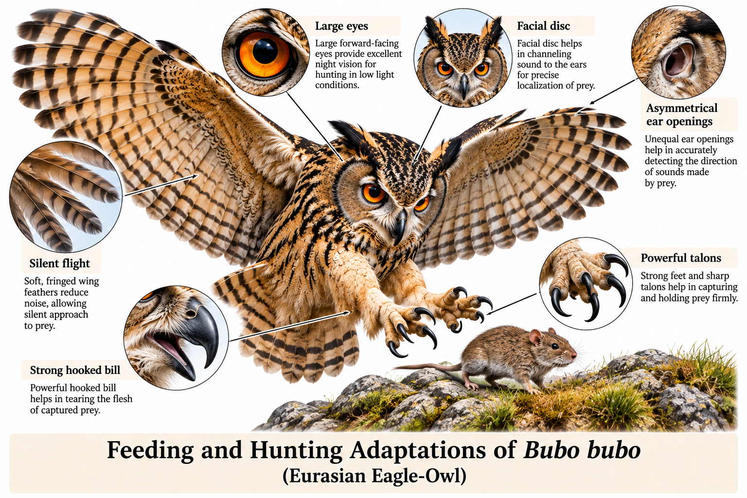 BUBO BUBO (EURASIAN EAGLE-OWL) | Zoologyverse Bubo bubo classification – feeding and hunting adaptations showing large eyes, facial disc, asymmetrical ear openings, silent flight, hooked bill and powerful talons