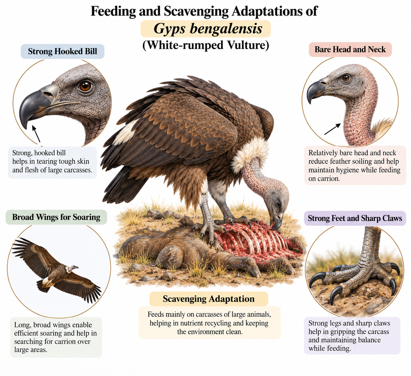 Gyps bengalensis (Vulture): Classification & Facts | Zoologyverse Gyps bengalensis classification and feeding adaptations infographic showing hooked bill, bare head and neck, broad wings, strong feet and sharp claws