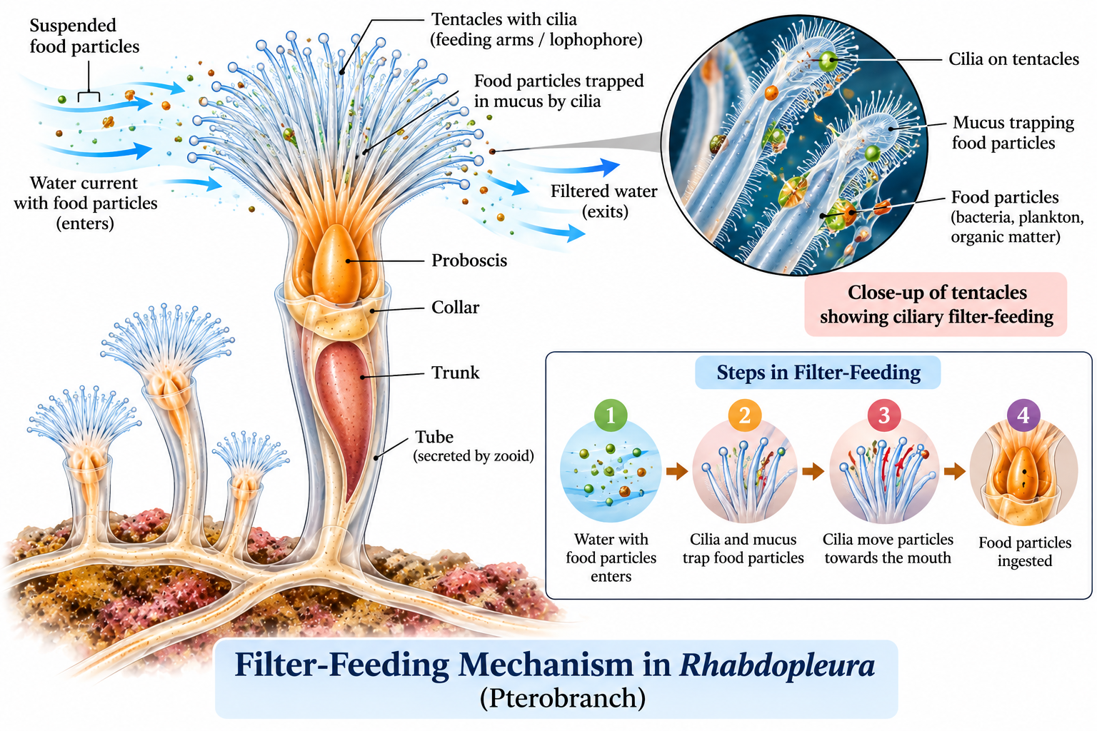 Rhabdopleura classification – filter-feeding mechanism showing tentacles, cilia, mucus, suspended food particles and water currents