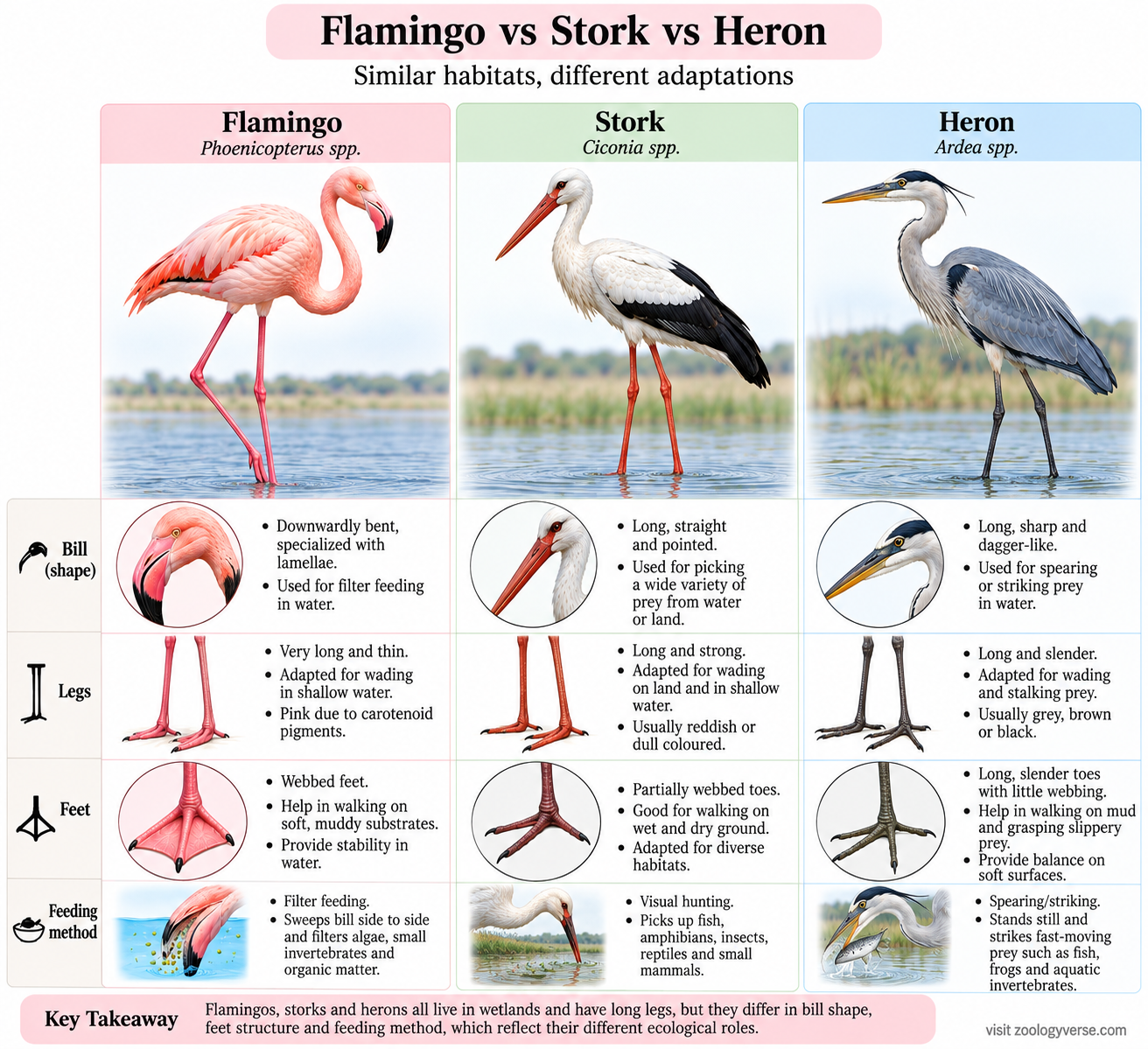 Phoenicopterus classification compared with stork and heron showing differences in bill, legs, feet and feeding method