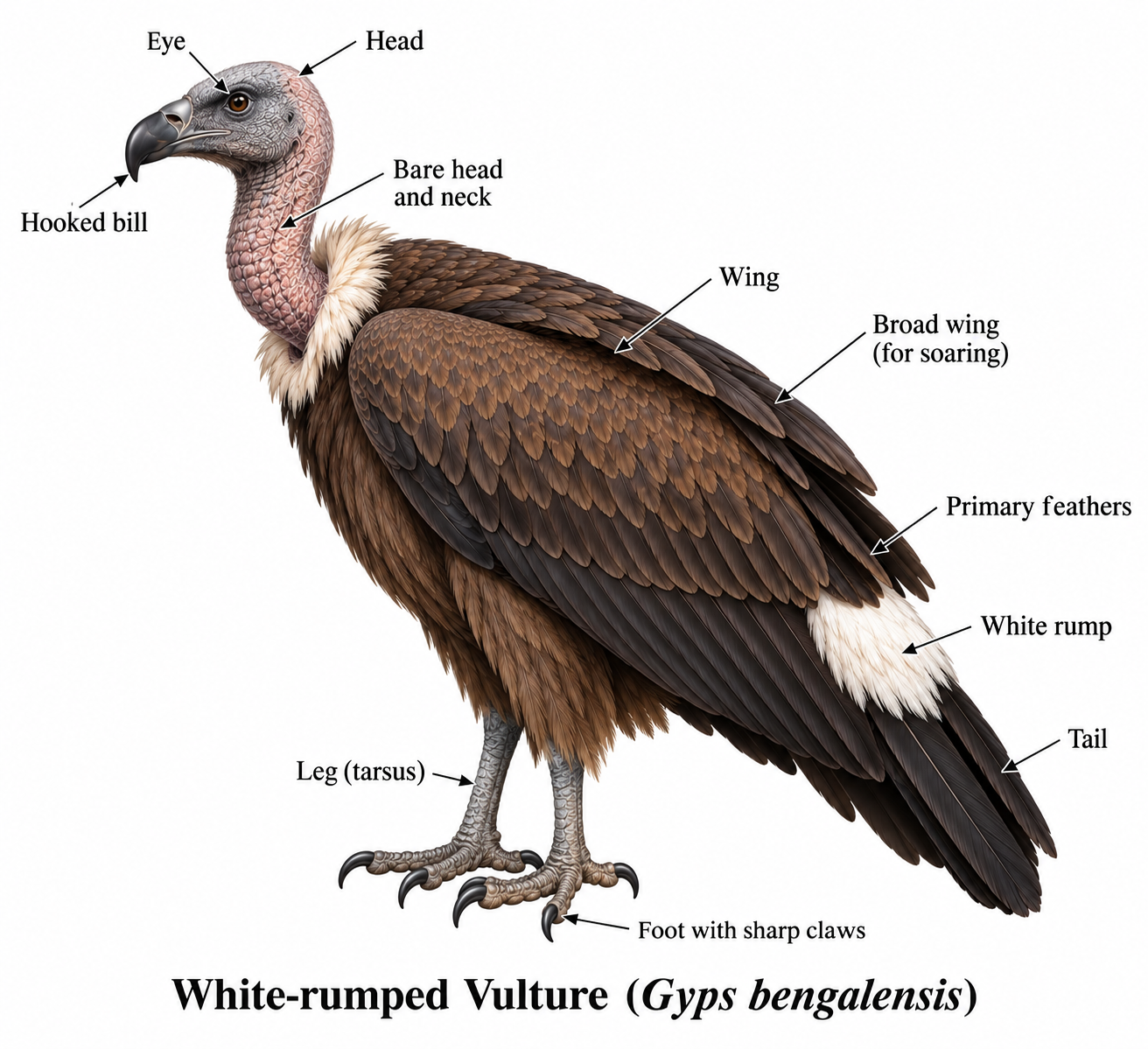 Gyps bengalensis (Vulture): Classification & Facts | Zoologyverse Gyps bengalensis classification and external anatomy diagram showing the hooked bill, bare head and neck, broad wings, white rump, tail, legs and feet