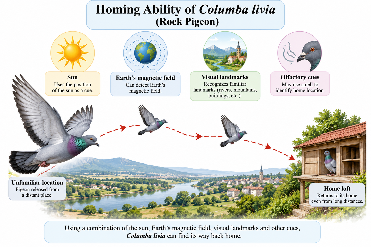 Columba livia (Pigeon): Classification & Practical Notes | Zoologyverse Columba livia classification – homing ability infographic showing navigation using the Sun, Earth’s magnetic field, visual landmarks and other cues