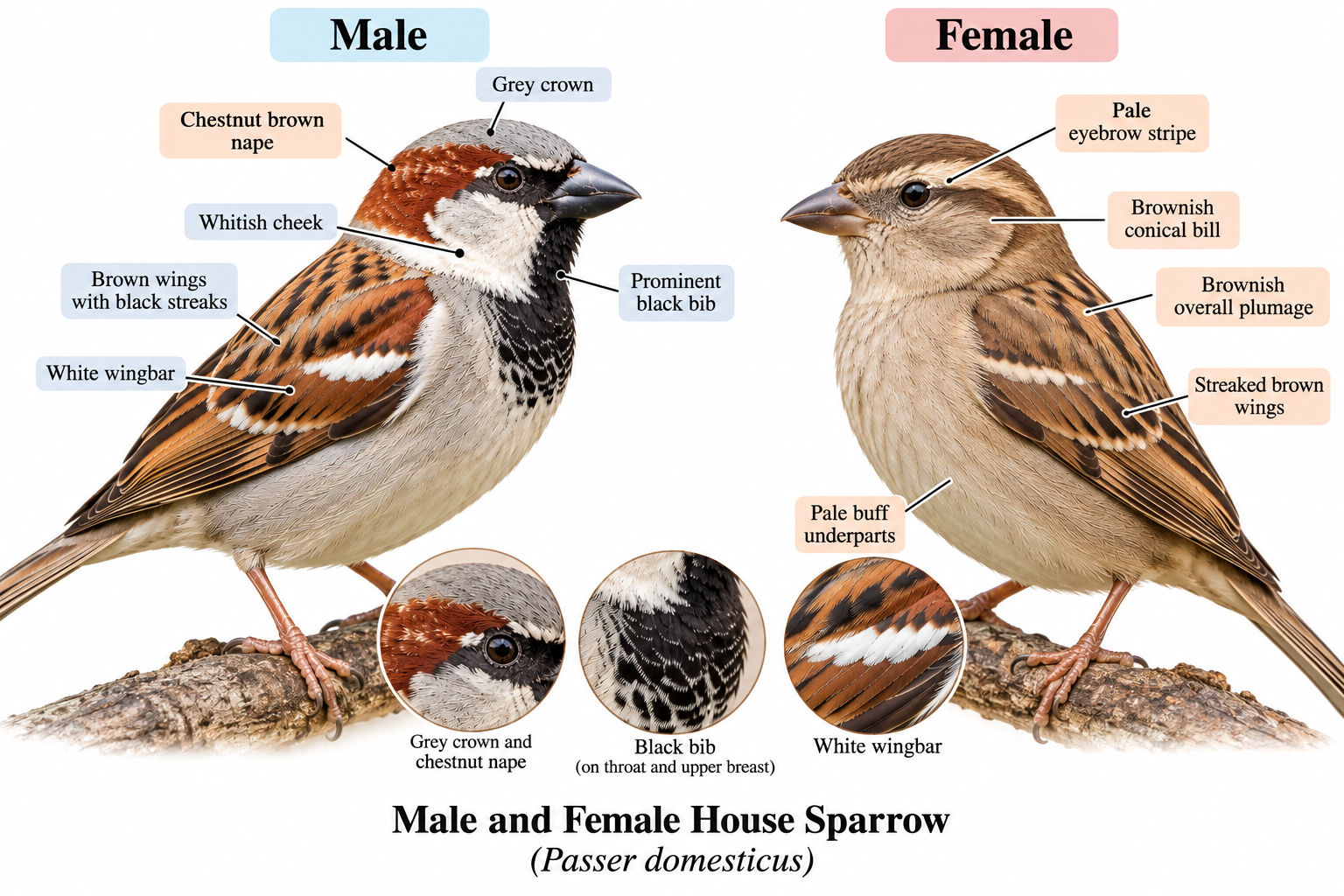 Passer domesticus (House Sparrow): Classification & Facts | Zoologyverse Passer domesticus classification – comparison of male and female House Sparrows showing the male black bib and chestnut markings and female brown-buff plumage