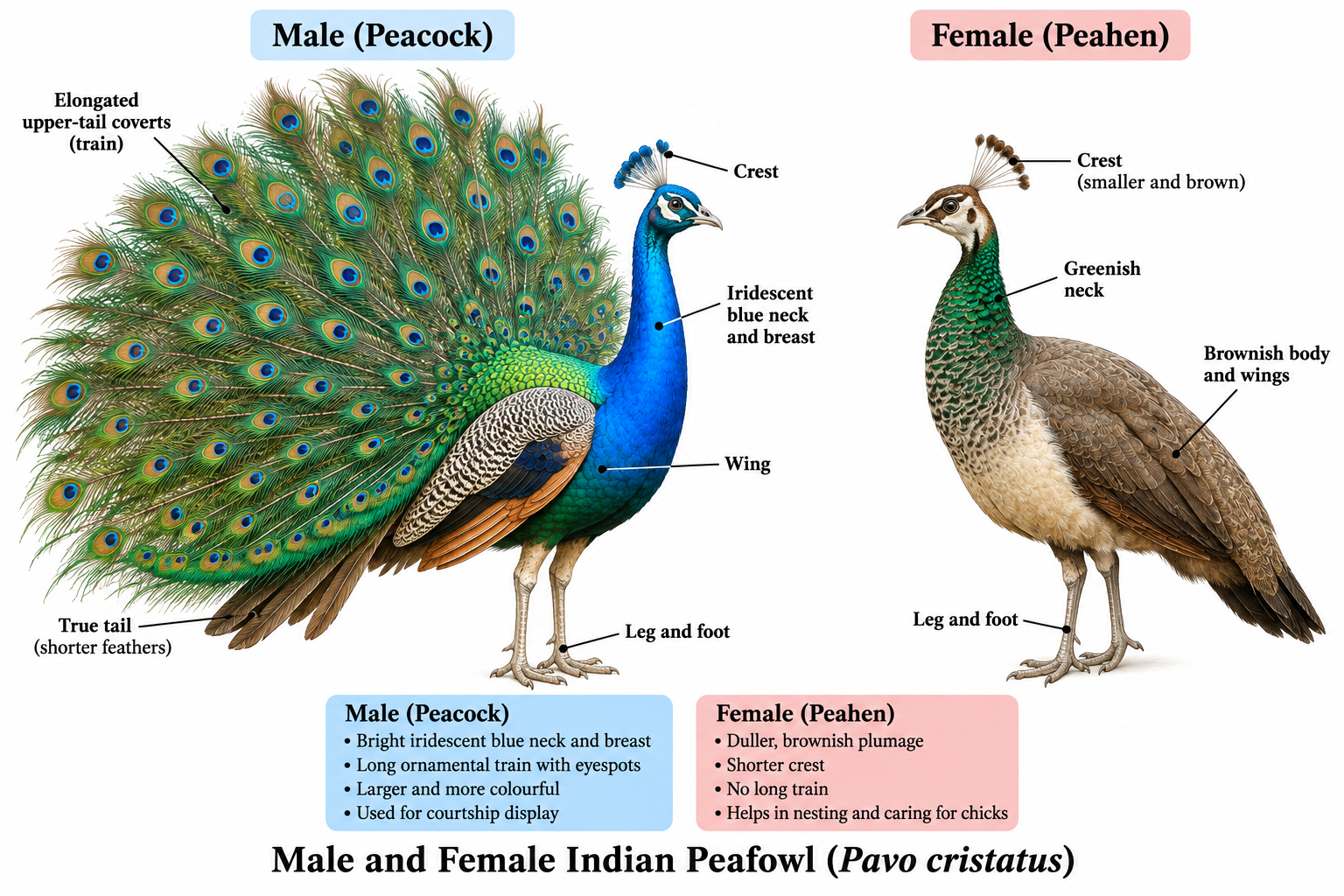 Indian Peafowl (Pavo cristatus): Classification & Facts | Zoologyverse Pavo cristatus classification – comparison of male and female Indian Peafowl showing bright blue plumage, ornamental train, crest, greenish neck and brown female plumage