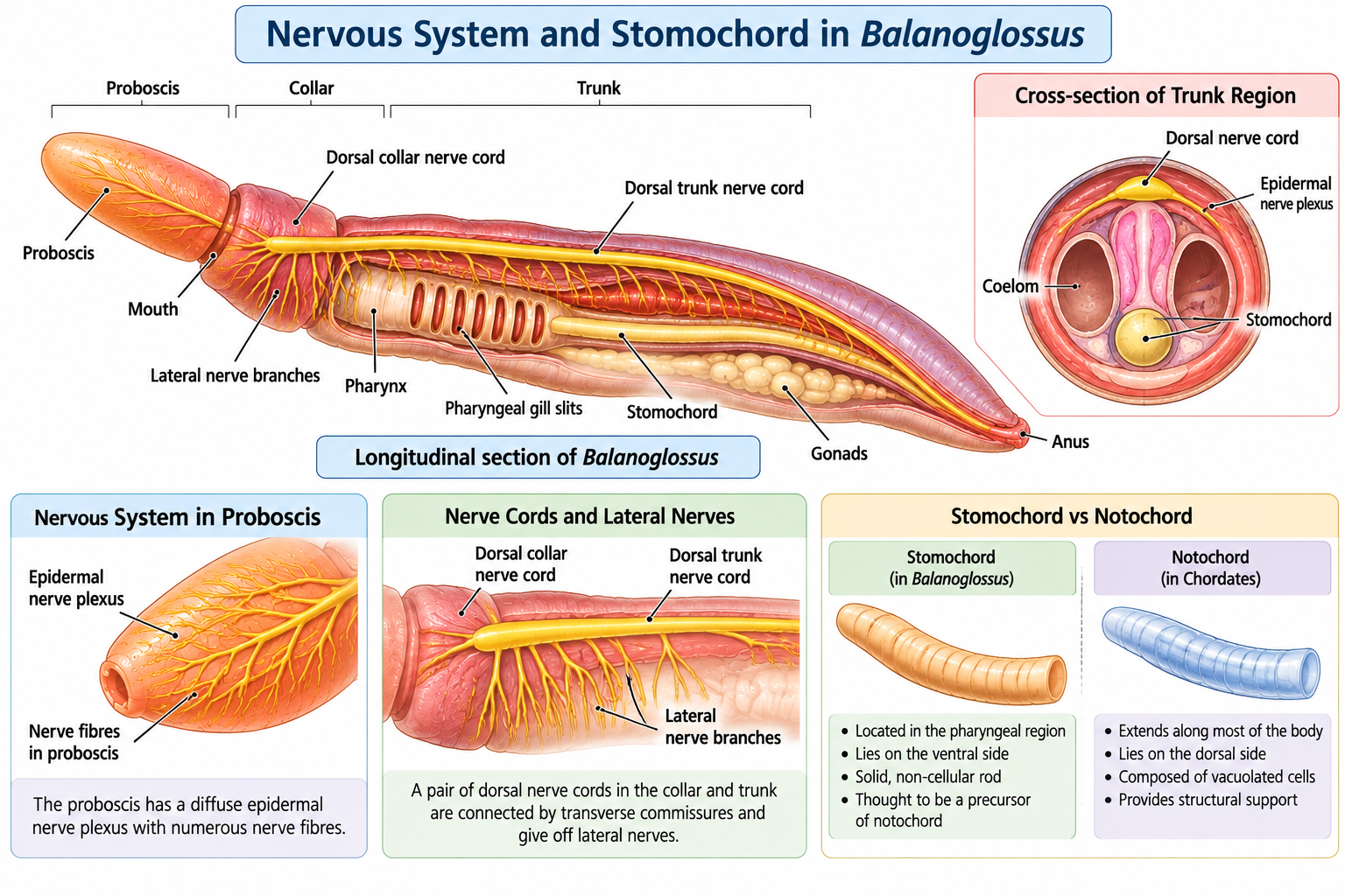 Balanoglossus classification – nervous system and stomochord showing the dorsal collar nerve cord, epidermal nerve plexus, pharyngeal region and stomochord