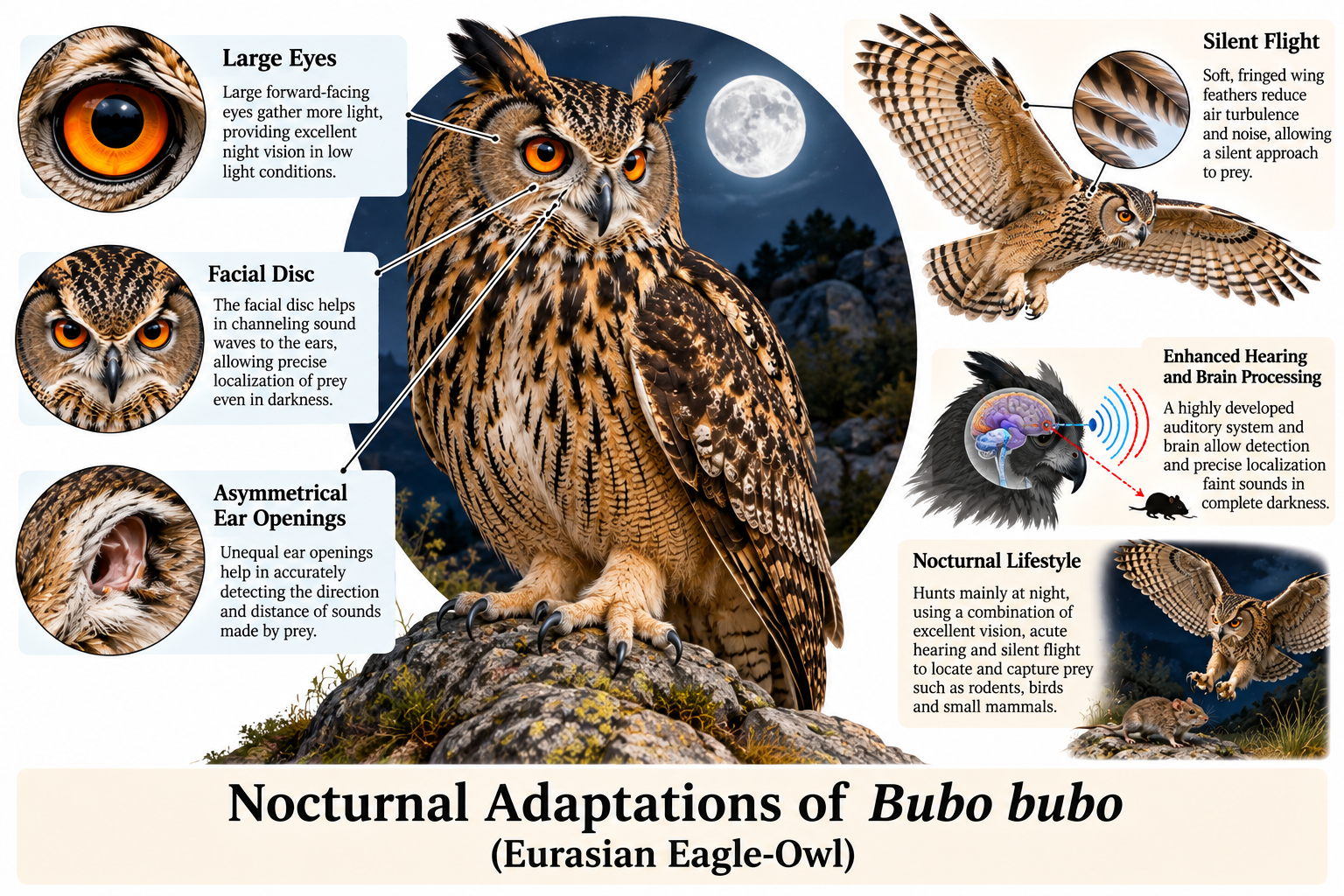 BUBO BUBO (EURASIAN EAGLE-OWL) | Zoologyverse Bubo bubo classification – nocturnal adaptations showing large eyes, facial disc, asymmetrical ear openings, sensitive hearing and silent flight
