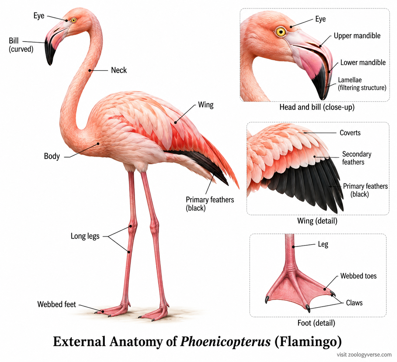 Phoenicopterus classification and external anatomy diagram showing flamingo bill, neck, wing, legs and webbed feet