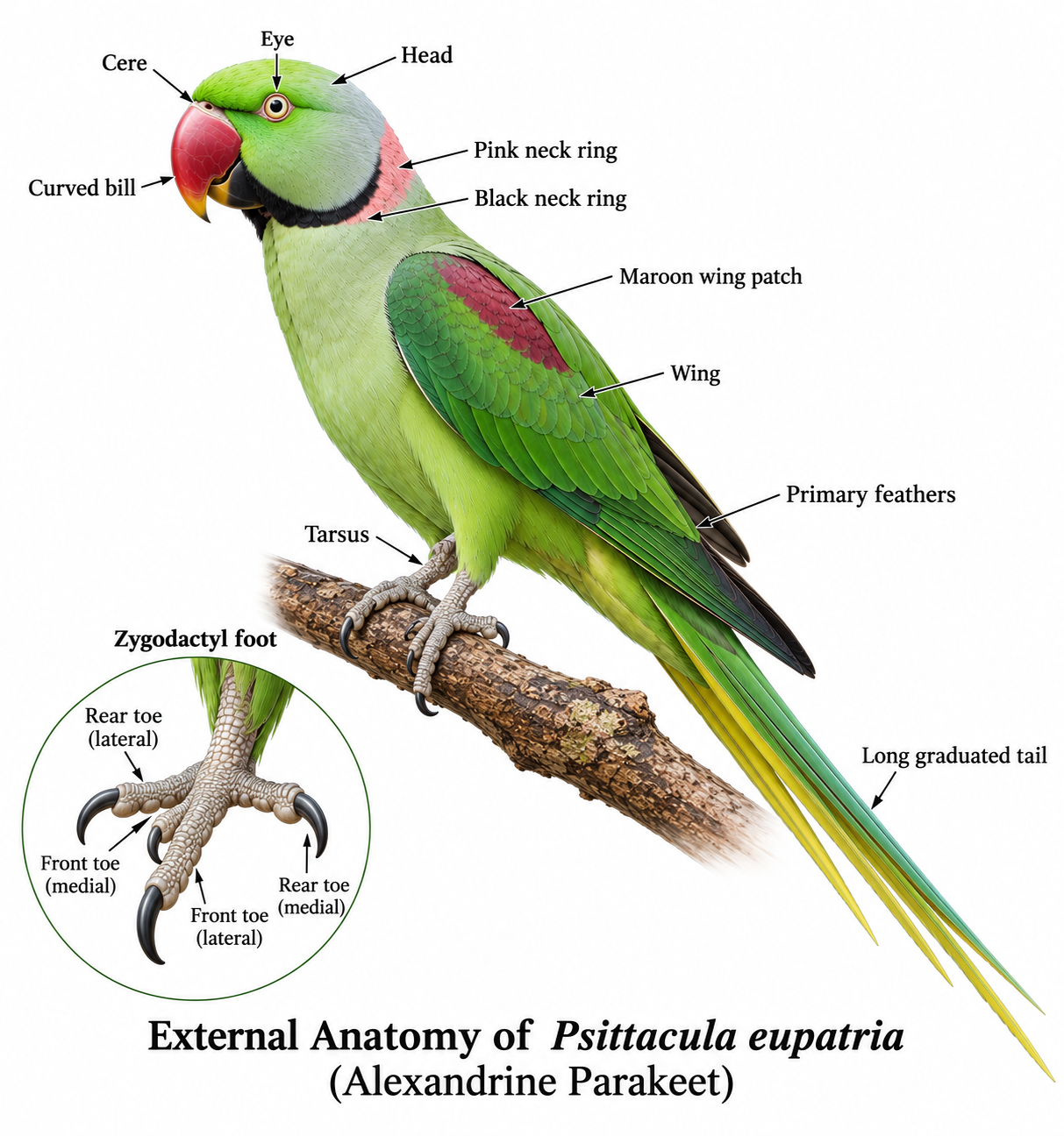 Psittacula eupatria classification – labeled external anatomy of Alexandrine Parakeet showing curved bill, neck rings, maroon wing patch, long graduated tail and zygodactyl feet