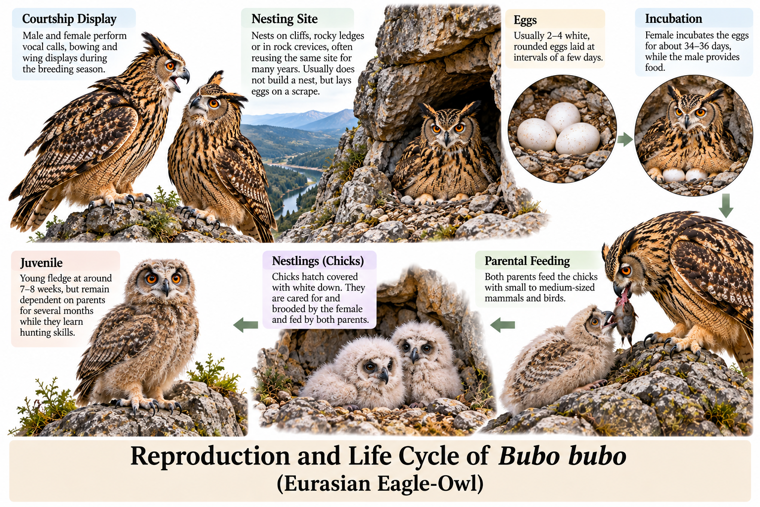BUBO BUBO (EURASIAN EAGLE-OWL) | Zoologyverse Bubo bubo classification – reproduction and life cycle showing courtship, cliff nesting, eggs, incubation, chicks, parental feeding and juvenile development