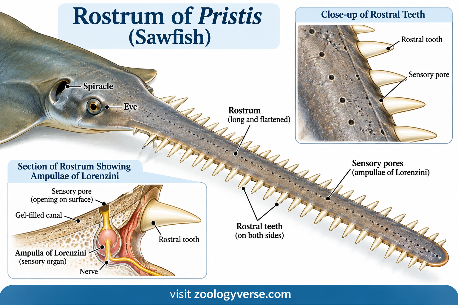 Pristis (Sawfish): Classification, Features, Habitat and Adaptations | Zoologyverse Rostrum of Pristis (sawfish) showing rostral teeth and sensory pores
