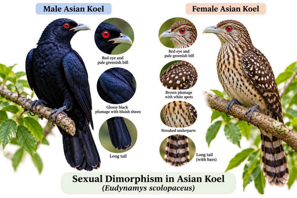Asian Koel (Eudynamys scolopaceus): Classification & Facts | Zoologyverse Eudynamys scolopaceus classification – comparison of male and female Asian Koel showing glossy black male plumage, brown spotted female plumage, red eyes and different tail patterns
