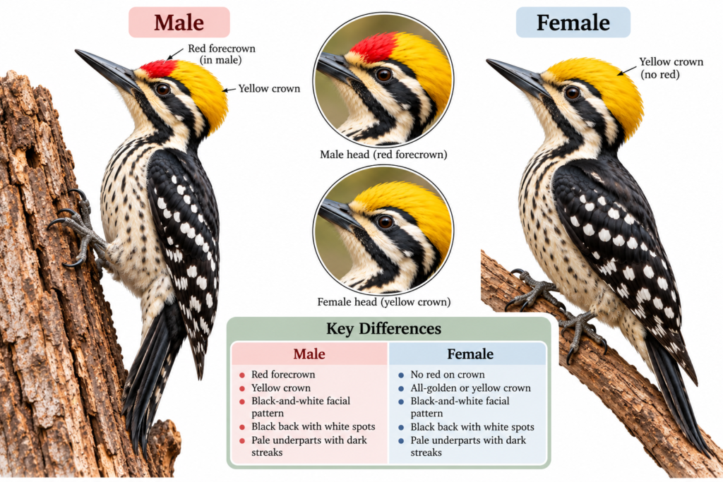 Yellow-crowned Woodpecker (Leiopicus mahrattensis): Classification & Facts | Zoologyverse Leiopicus mahrattensis classification – comparison of male and female Yellow-crowned Woodpeckers showing red forecrown in male and yellow crown in female
