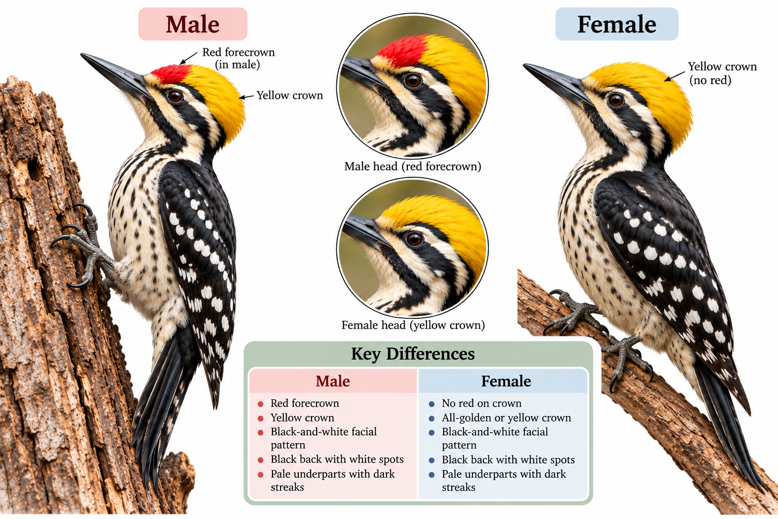 Yellow-crowned Woodpecker (Leiopicus mahrattensis): Classification & Facts | Zoologyverse Leiopicus mahrattensis classification – comparison of male and female Yellow-crowned Woodpeckers showing red forecrown in male and yellow crown in female