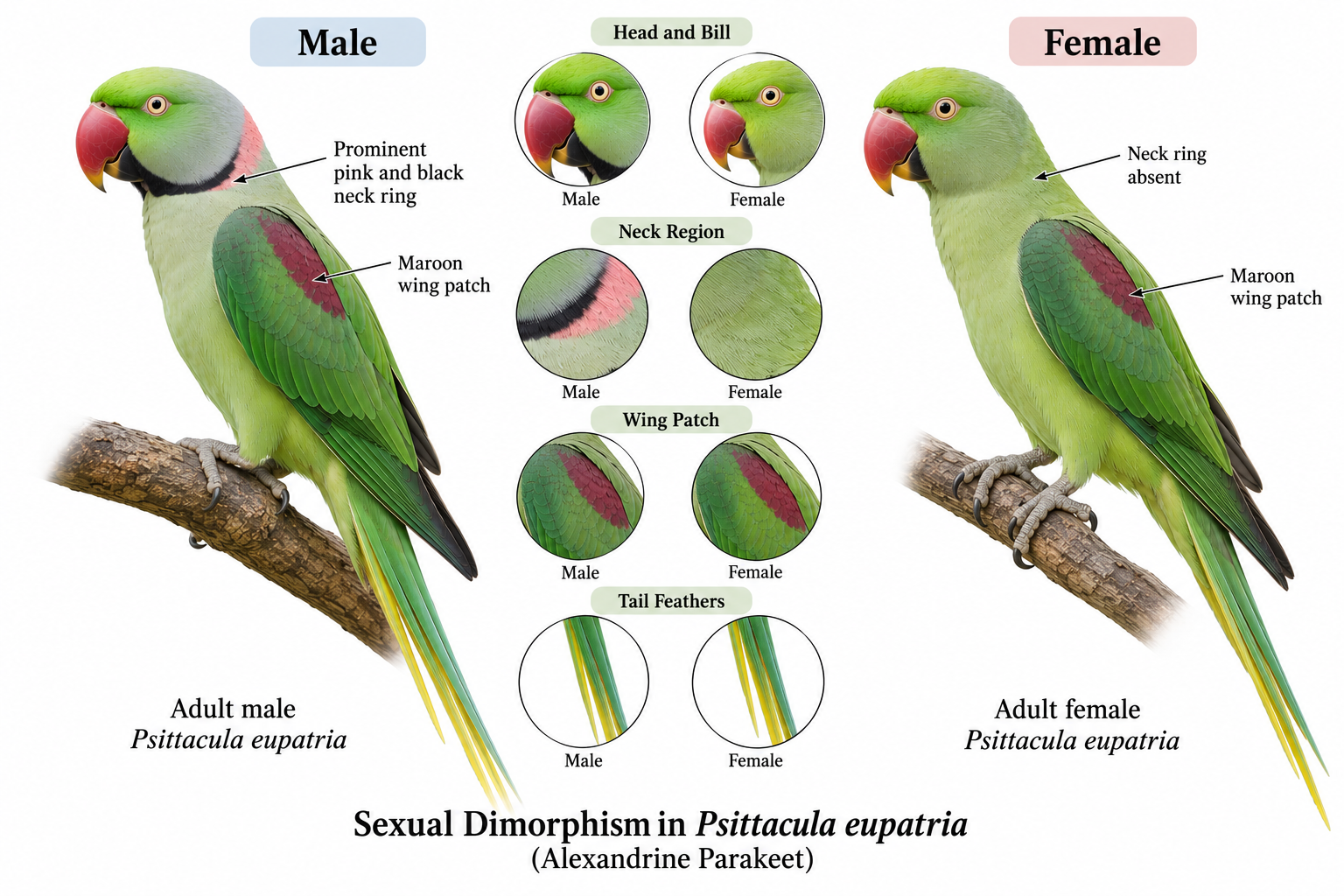 Psittacula eupatria classification – infographic comparing male and female Alexandrine Parakeets, showing the male pink-and-black neck ring, maroon wing patch, green plumage and long tail