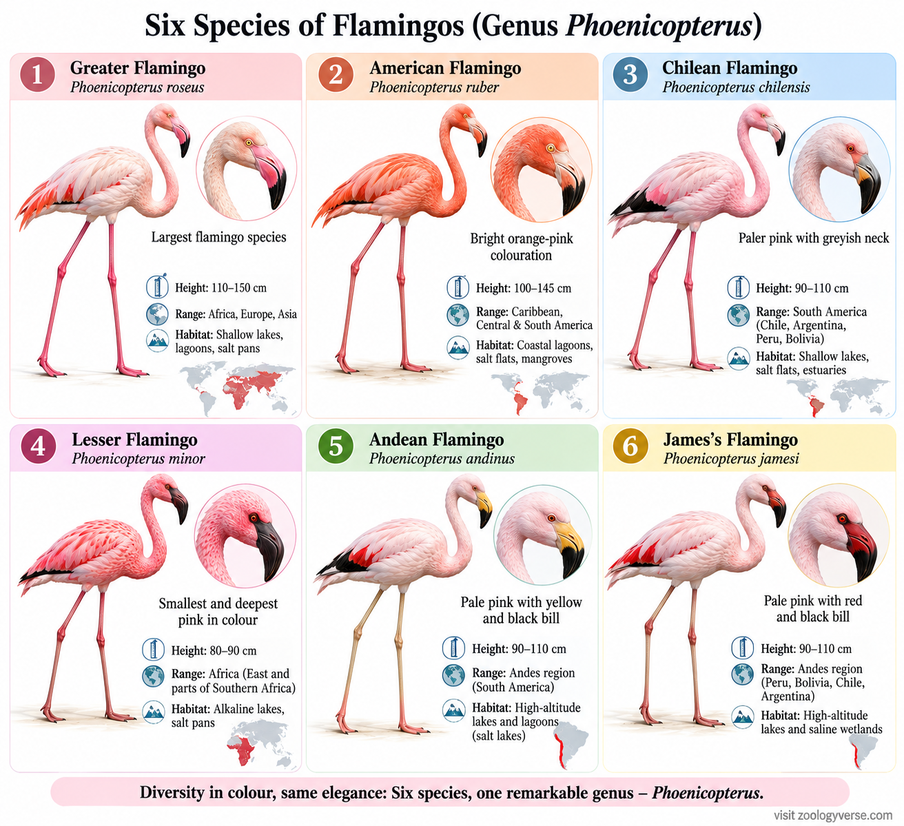 Phoenicopterus classification showing six flamingo species including Greater, American, Chilean, Lesser, Andean and James’s flamingos