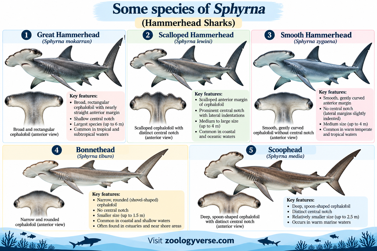 Some species of Sphyrna Hammerhead Shark showing Great Hammerhead, Scalloped Hammerhead, Smooth Hammerhead, Bonnethead, and Scoophead