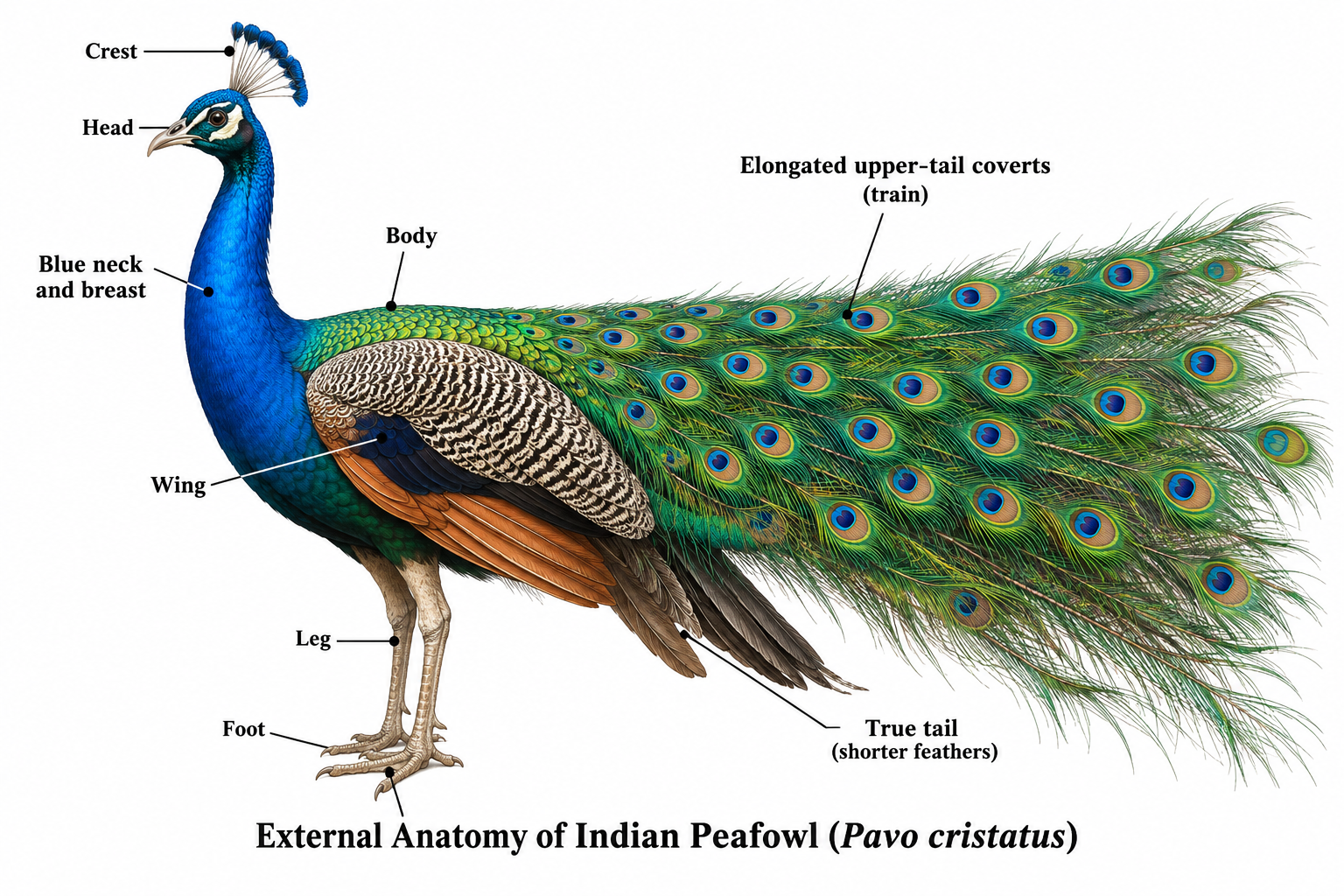 Indian Peafowl (Pavo cristatus): Classification & Facts | Zoologyverse Pavo cristatus classification – labeled external anatomy of Indian Peafowl showing crest, blue neck, wing, legs, true tail and elongated upper-tail coverts forming the train