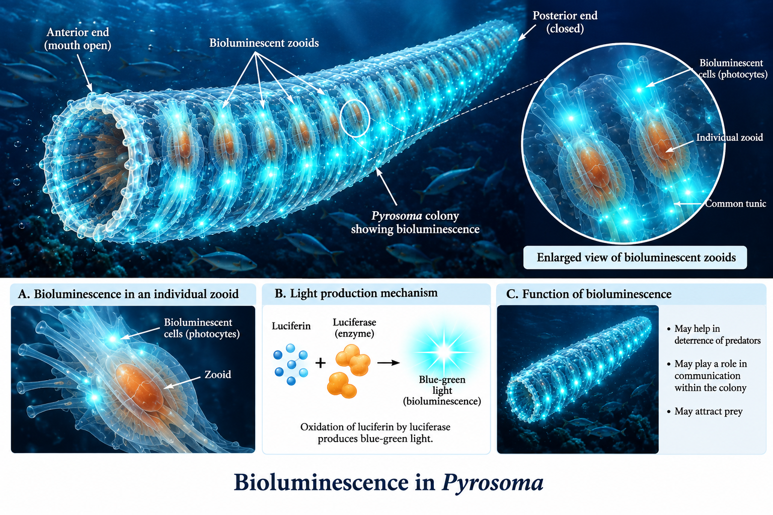 Pyrosoma (Fire Body): Classification & Facts | Zoologyverse Pyrosoma – bioluminescence showing glowing zooids, photocytes, common tunic and blue-green light production