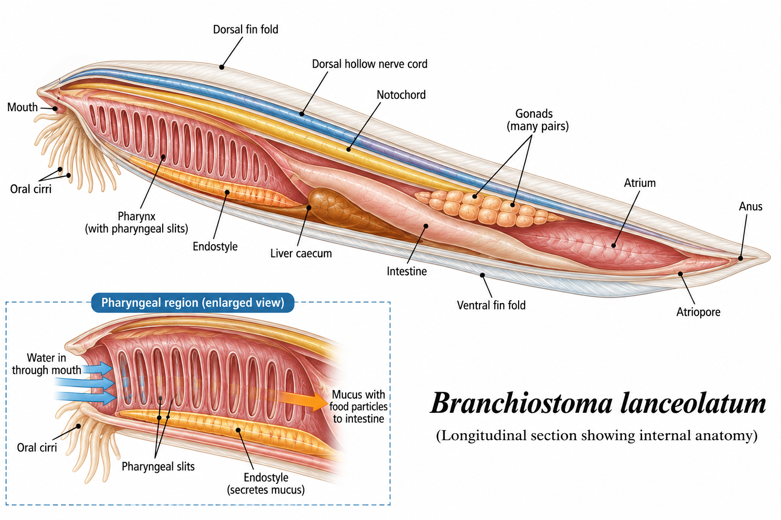 Branchiostoma lanceolatum (Amphioxus) | Zoologyverse Branchiostoma lanceolatum internal anatomy showing the structure of Branchiostoma lanceolatum, pharynx, notochord, nerve cord and major organs