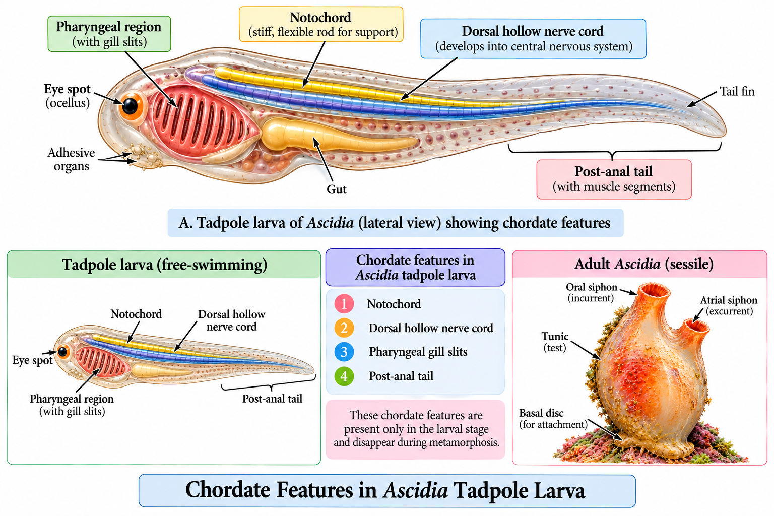 Ascidia (Sea Squirt): Classification & Facts | Zoologyverse Ascidia classification – chordate features in the tadpole larva showing notochord, dorsal hollow nerve cord, pharyngeal gill slits and post-anal tail