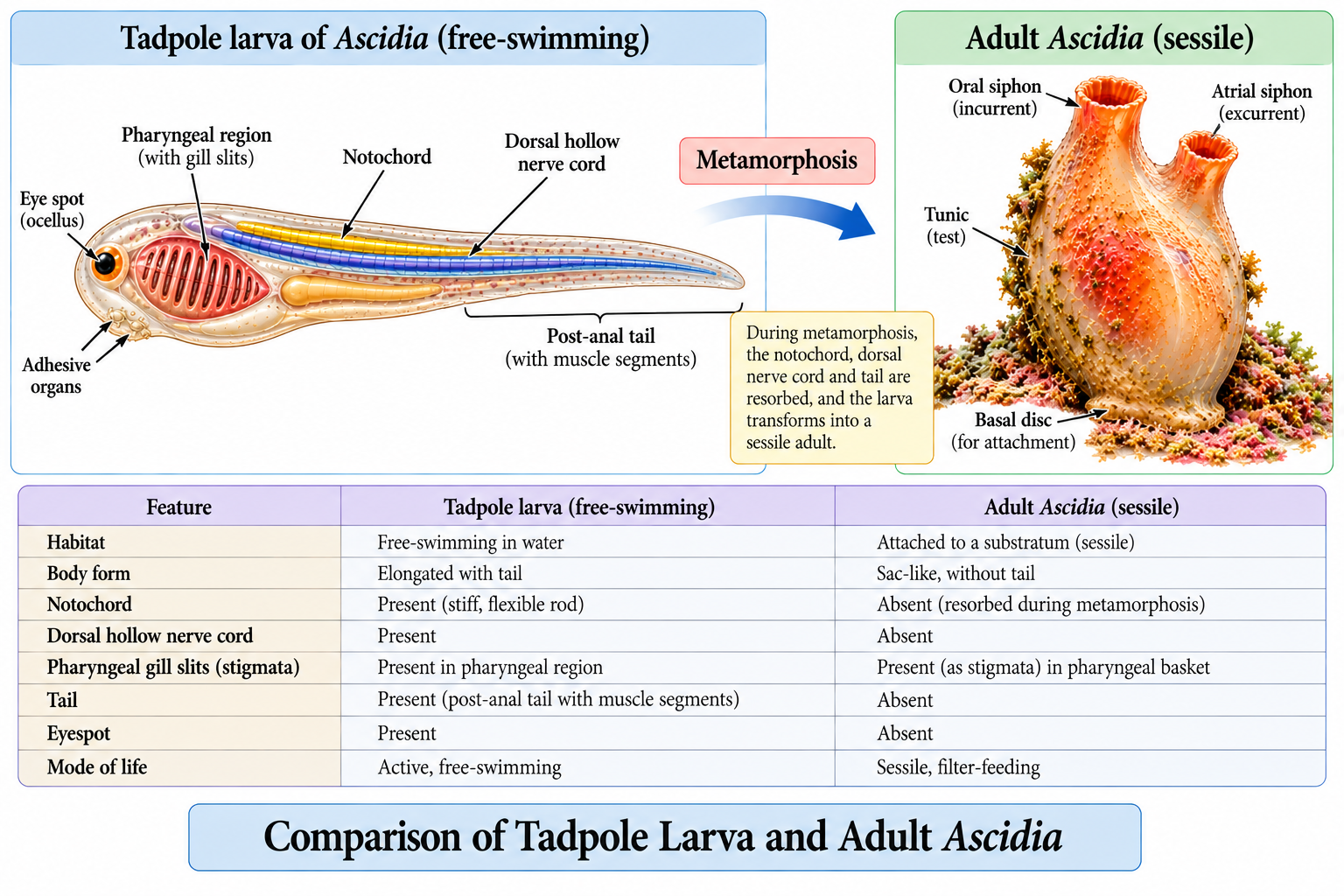 Ascidia (Sea Squirt): Classification & Facts | Zoologyverse Ascidia classification – comparison of tadpole larva and adult showing notochord, dorsal nerve cord, pharyngeal gill slits, post-anal tail, siphons and sessile adult body
