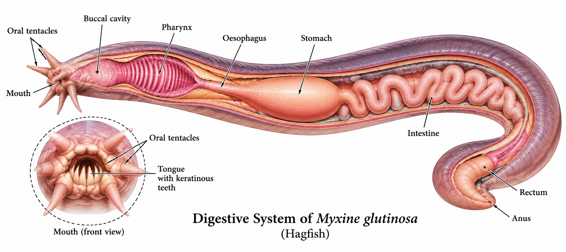Myxine Classification: Hagfish Features & Identification | Zoologyverse Digestive system of Myxine glutinosa showing hagfish mouth, buccal cavity, pharynx, oesophagus, stomach, intestine, rectum, and anus